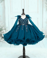 Organza Sleeveless Sequins Work Bead & Sequins Full Length Gown - Dark Teal Blue(New)
