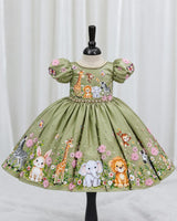 Satin Puff Sleeve Jungle Themed Umbrella Full-Length Gown for Baby Girl in Pale Olive (New)