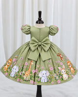 Satin Puff Sleeve Jungle Themed Umbrella Full-Length Gown for Baby Girl in Pale Olive (New)