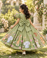 Satin Puff Sleeve Jungle Themed Umbrella Full-Length Gown for Baby Girl in Pale Olive (New)