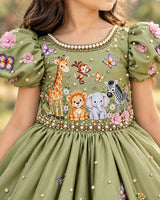 Satin Puff Sleeve Jungle Themed Umbrella Full-Length Gown for Baby Girl in Pale Olive (New)