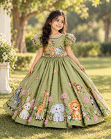 Satin Puff Sleeve Jungle Themed Umbrella Full-Length Gown for Baby Girl in Pale Olive (New)