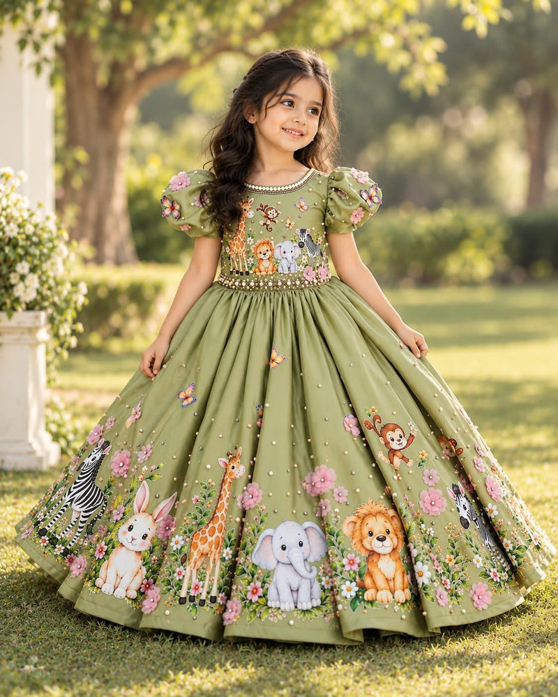 Pale olive satin and net jungle-themed umbrella gown with puff sleeves for girls