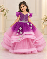 Net Draped Sleeve Asymmetrical Layered Butterfly Full-Length Gown for Baby Girl in Purple and Blush Pink (New)(Bestseller)