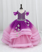 Net Draped-Sleeve Asymmetrical Layered Butterfly Full-Length Gown for Baby Girl- Purple & Blush Pink (New)