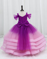 Net Draped-Sleeve Asymmetrical Layered Butterfly Full-Length Gown for Baby Girl- Purple & Blush Pink (New)