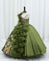 Wedding Satin Sleeveless Teddy Bear Print and 3D Petal Flower Full-Length Gown for Girl in Terrarium Moss (New)