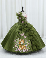 Wedding Satin Sleeveless Teddy Bear Print and 3D Petal Flower Full-Length Gown for Girl in Terrarium Moss (New)