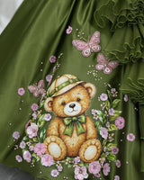 Wedding Satin Sleeveless Teddy Bear Print and 3D Petal Flower Full-Length Gown for Girl in Terrarium Moss (New)