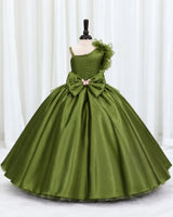 Wedding Satin Sleeveless Teddy Bear Print and 3D Petal Flower Full-Length Gown for Girl in Terrarium Moss (New)