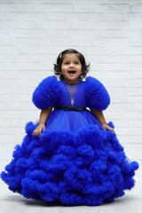 Royal Blue Cloudy Frilled gown with Heavy Frilled Ball Sleeve Detailing