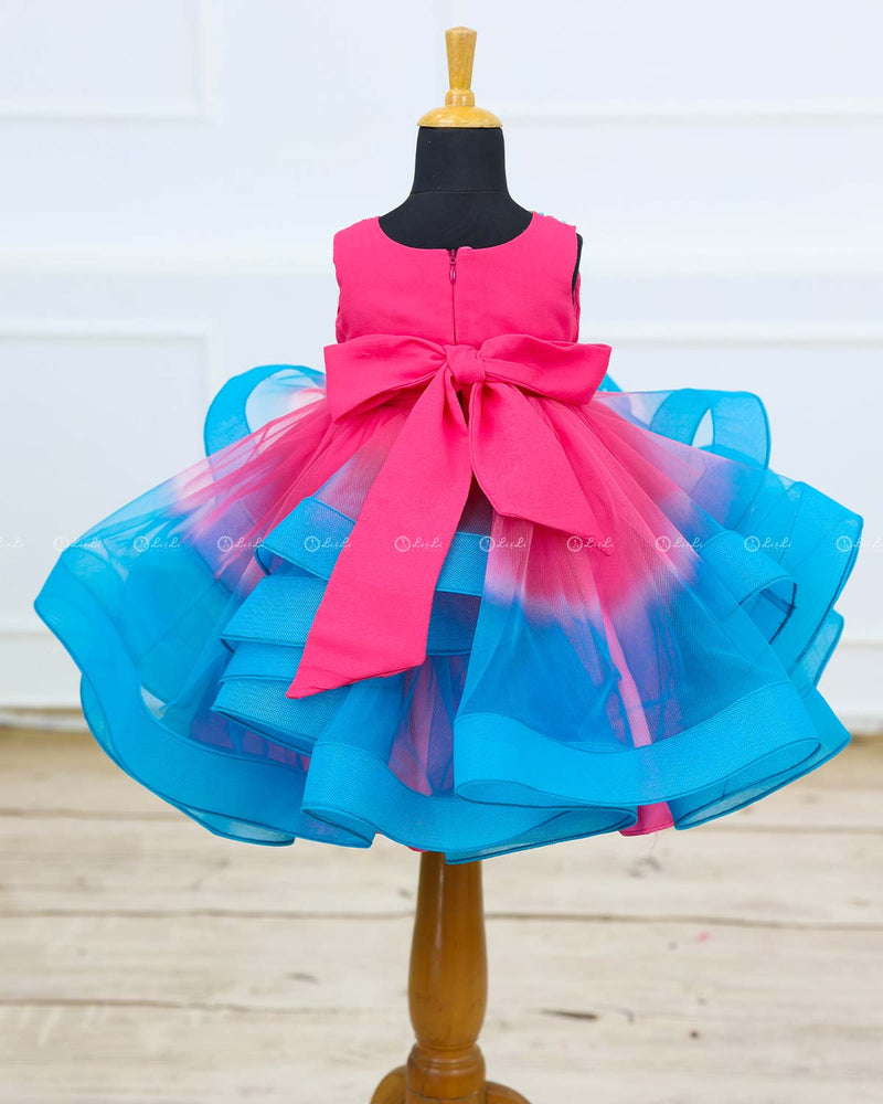 Rose Pink and Sky Blue Double Shaded Twirled Partywear Gown with Hand worked Yoke