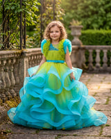 Lime Green & Turquoise Blue Double Shaded Frilled Sleeve Partywear Gown