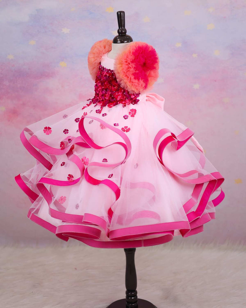 Dusty Peach Twirled Partywear Gown with Pink and Purple Small Flower