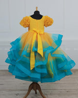 Sunny Refreshing Aqua - Yellow And Sea Blue Ombre Shaded Twirled Party Wear Gown