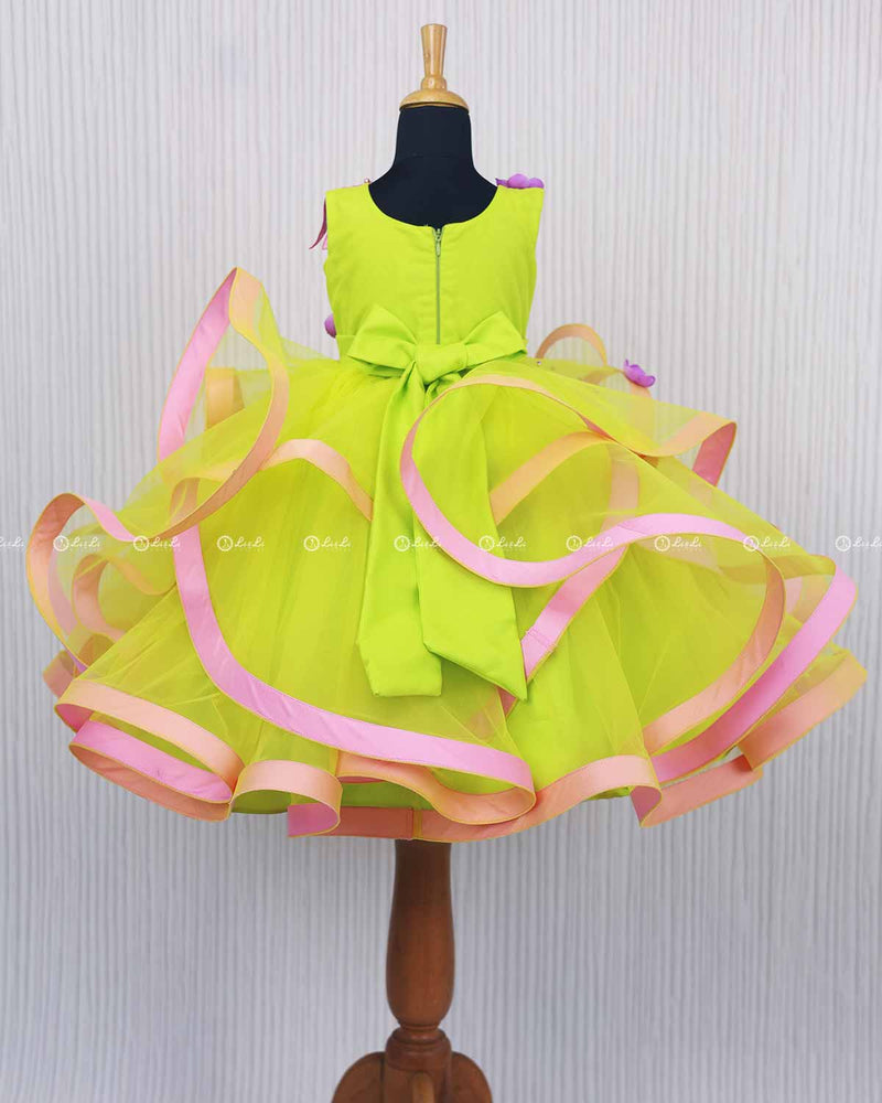 Lime kiss-Lime green and pink twirled  birthday gown with lavender and pink hand crafted flowers