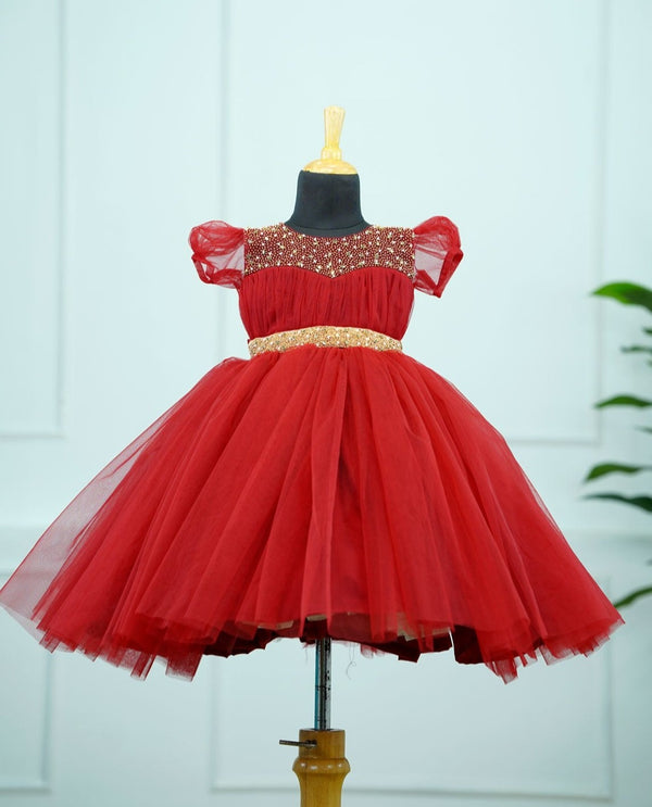 Red Partywear Frock With Beaded Waist Belt