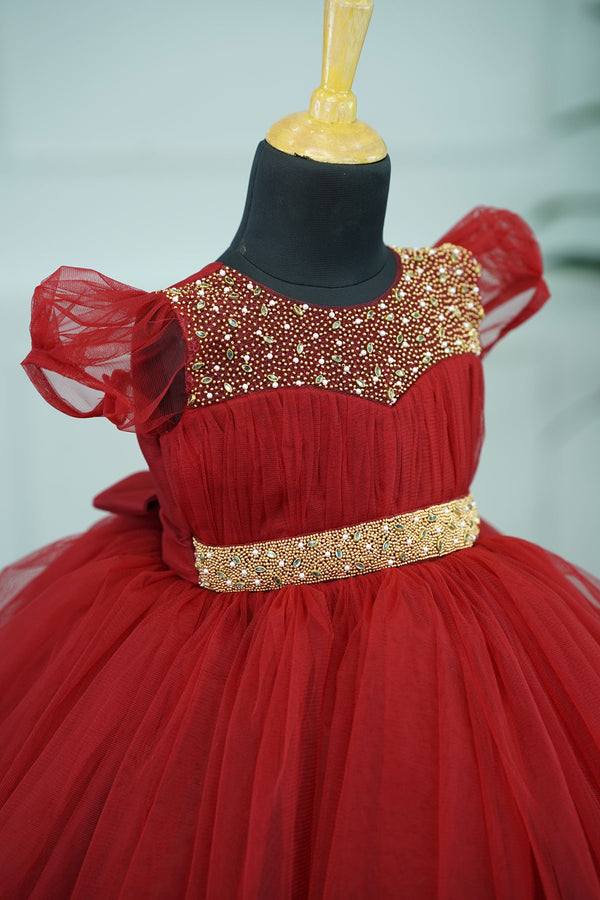 Red Partywear Frock With Beaded Waist Belt
