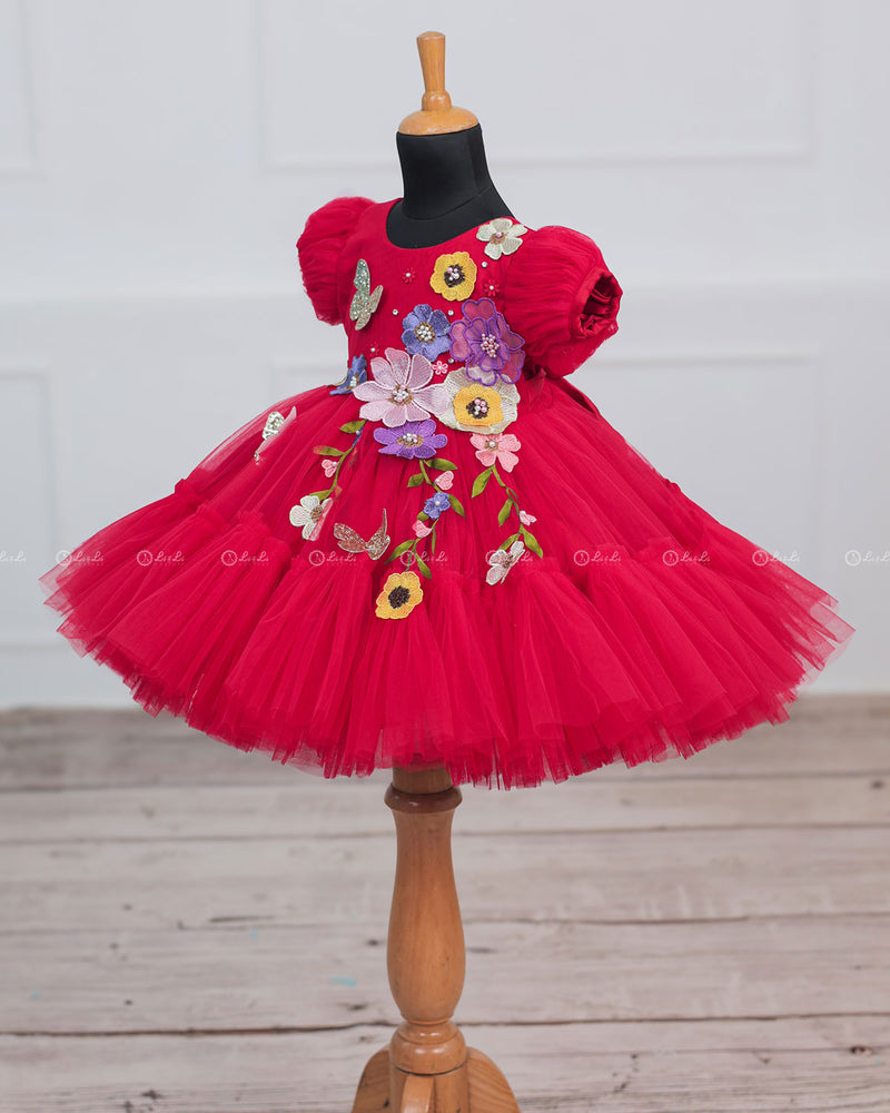 candy Red Fairy Tale Dress with Wild Flowers.