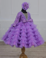 Lavender Sequined Ruffles Frock with Detachable Trail