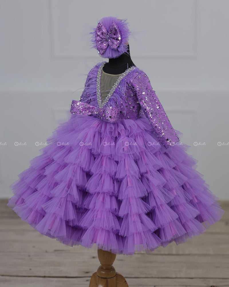 Lavender Sequined Ruffles Frock with Detachable Trail