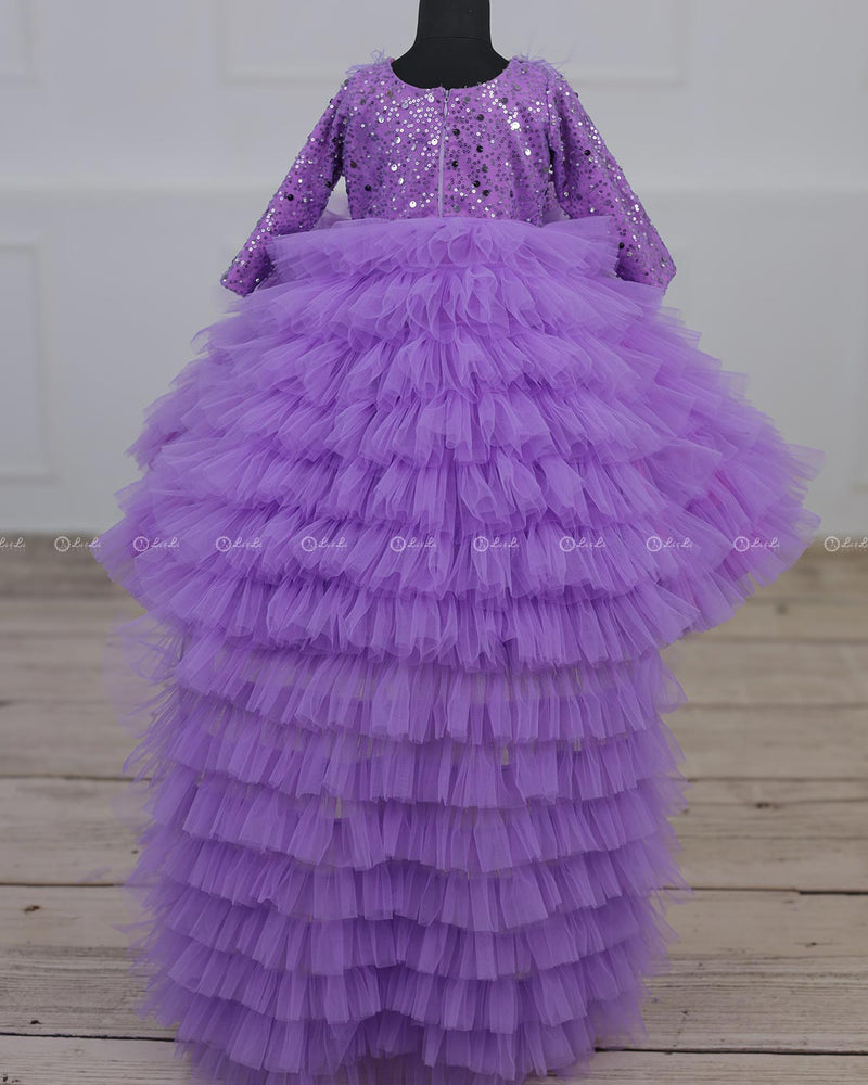 Lavender Sequined Ruffles Frock with Detachable Trail