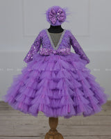 Lavender Sequined Ruffles Frock with Detachable Trail