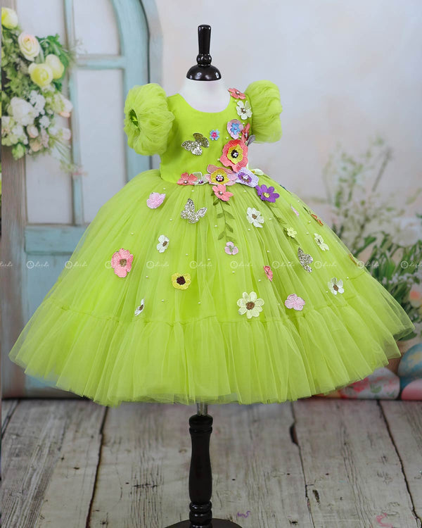 Olive Green Fairy Tale Dress with Wild Flowers.