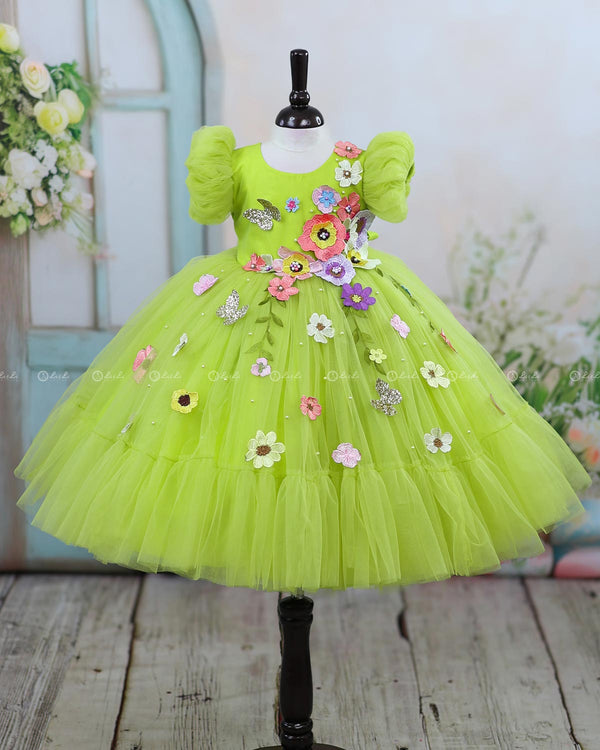 Olive Green Fairy Tale Dress with Wild Flowers.