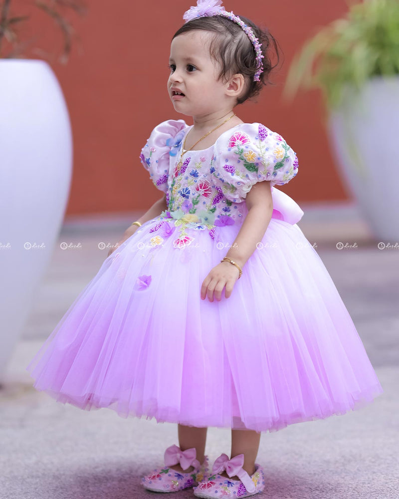 Double Shaded Lavender Pink Frock With Heavy Floral Handwork
