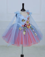 Flamingo Peach And Blue Tulle Dress With Flower Applique And Bow Tied Shoulder