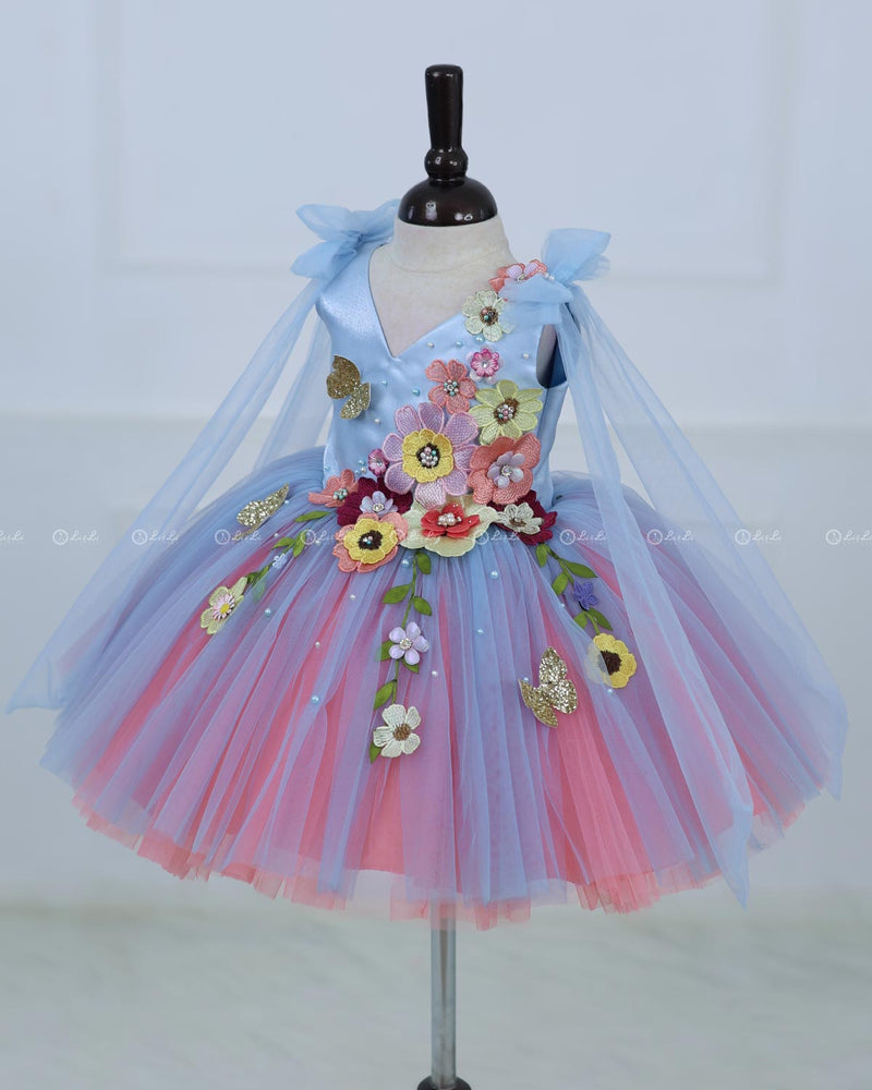 Flamingo Peach And Blue Tulle Dress With Flower Applique And Bow Tied Shoulder