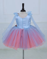 Flamingo Peach And Blue Tulle Dress With Flower Applique And Bow Tied Shoulder