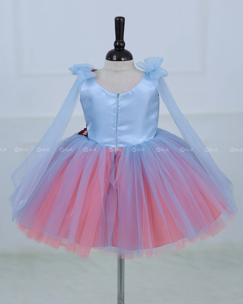 Flamingo Peach And Blue Tulle Dress With Flower Applique And Bow Tied Shoulder