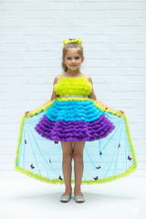 Lime Green Sky blue and Purple Combo Frilled Frock with Beaded Belt-C