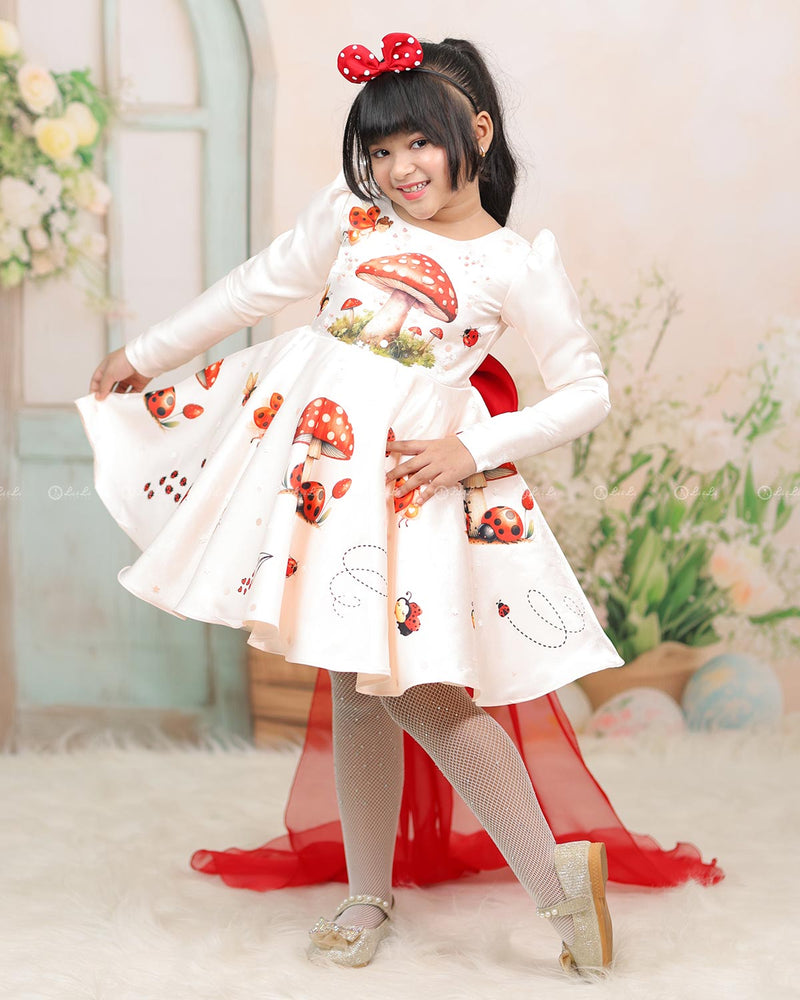 Ivory Dress With Mushroom And Ladybug Prints, Red Back Train