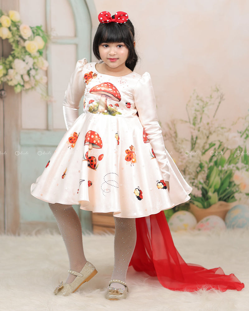 Ivory Dress With Mushroom And Ladybug Prints, Red Back Train