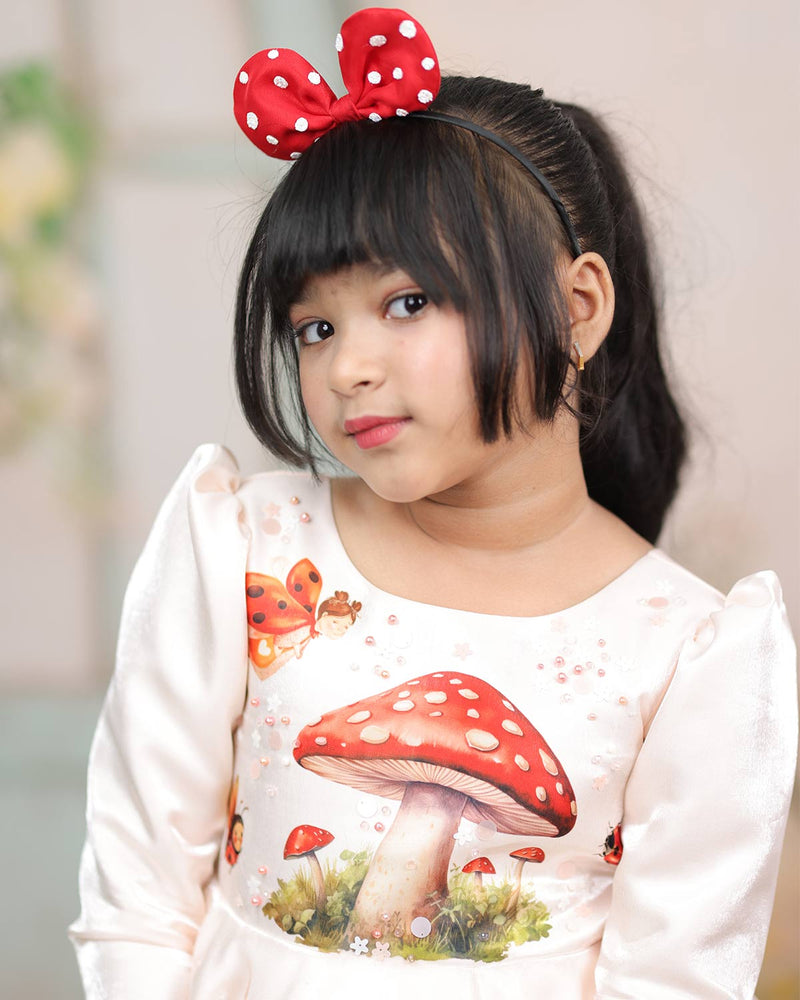 Ivory Dress With Mushroom And Ladybug Prints, Red Back Train