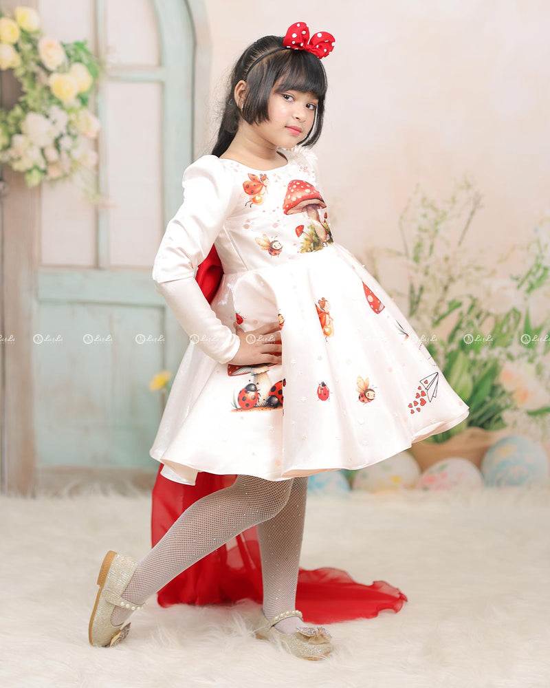 Ivory Dress With Mushroom And Ladybug Prints, Red Back Train