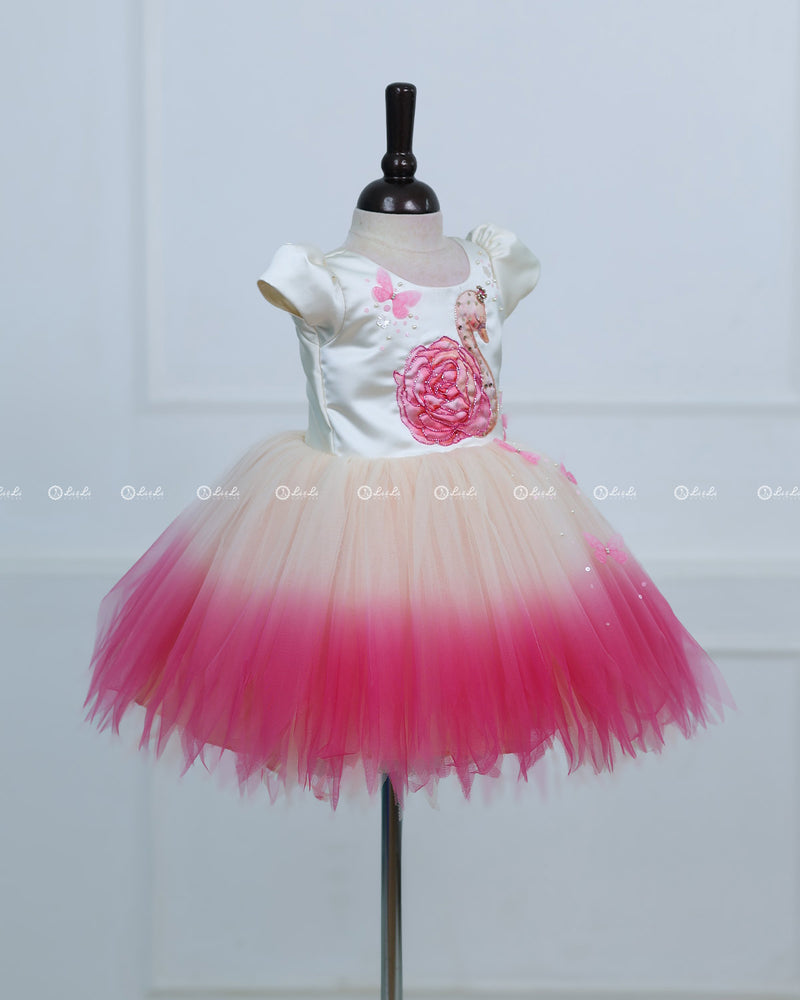 Cream And Pink Ombre Frock With 3D Swan Appliqué And Layered Tulle Skirt