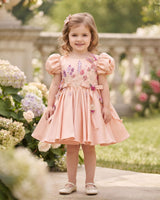 Butterfly and Floral Theme Peach Frock with Attached Bows in waistline and Applique Works.