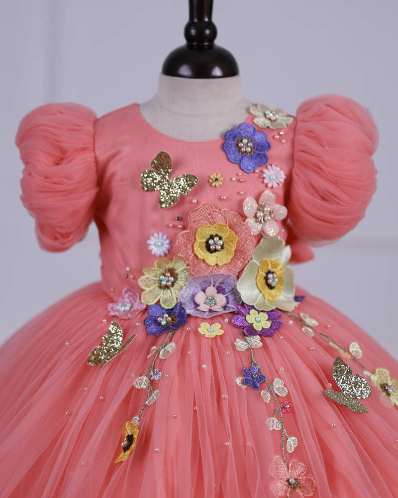 Blush Peach Fairy Tale Dress Highlighted with Flowers.