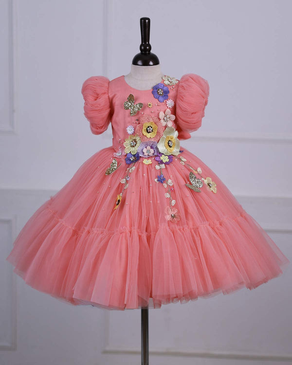 Blush Peach Fairy Tale Dress Highlighted with Flowers.