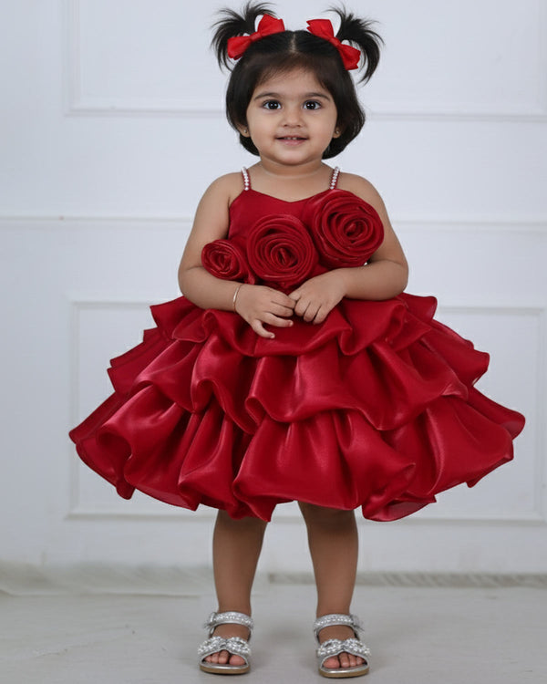 Red Rosette 3D Frock