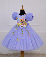 Ash Blue Glitter Net Floral Fairy Puff-Sleeve Frock for Girl's Party Wear