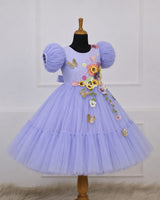 Ash Blue Glitter Net Floral Fairy Puff-Sleeve Frock for Girl's Party Wear