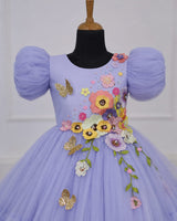 Ash Blue Glitter Net Floral Fairy Puff-Sleeve Frock for Girl's Party Wear