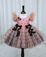 Light Peach and Black Heart Print Twirled Bow Detailed Dress