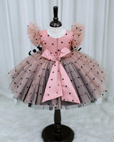 Light Peach and Black Heart Print Twirled Bow Detailed Dress