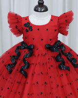 Red and Black Heart Print Twirled Bow Detailed Dress
